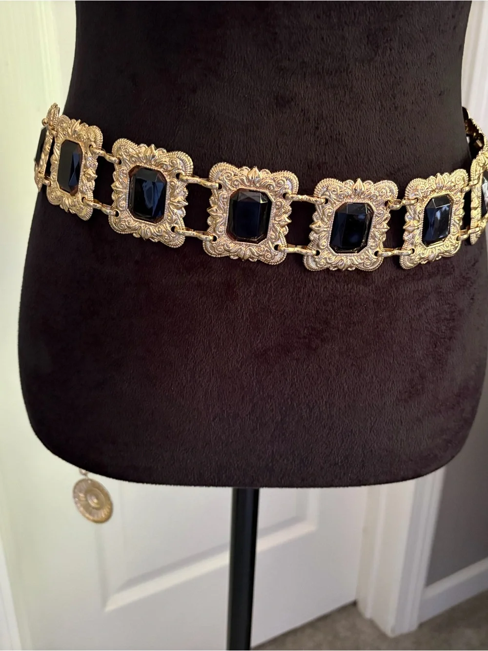 Gold-Tone Statement Waist Belt with Black Gem Accents